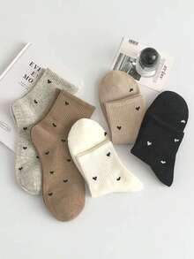 5 Pairs Women Heart Embroidery Mid-Calf Socks, Simple Versatile Casual Socks, Soft Elastic Comfortable Short Boot Socks, Autumn/Winter Daily Commute College Style Socks - Multicolor - View 3