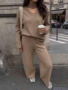 Live To Mo Women's V Neck Knit 2‑Piece Outfit, Loose Long Sleeve Sweater Top & Wide‑Leg Trousers, Simple Elegant Suit For Fall Daily & Commute Wear - Khaki - View 5