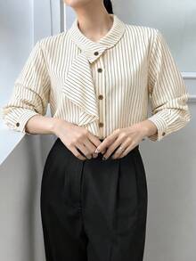 YUXIN Women's Fine Striped Ruffle Tie Neck Blouse, Front Button Long Sleeve Office Commute Top, Elegant French Style Autumn Top, Beautiful Fashion - Apricot - View 6
