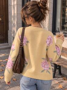 Women Yellow Floral Print Graphic Knit Cardigan, Button Front Long Sleeve Layering Sweater, Casual Fall Winter Fashion Top, Back To School Outfit - Yellow - View 2