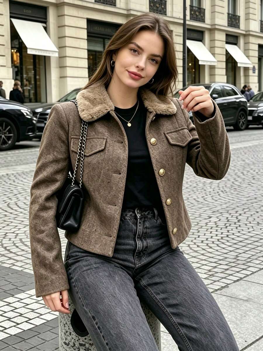 Women Autumn Winter Elegant Faux Fur Collar Tweed Button Front Pocket Detail Cropped Coat Brunch Party Carnival Holiday Vacation Casual Outfit - Brown - View 1
