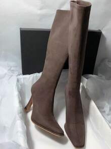 Stiletto High Heel Pointed Toe Over-The-Knee Suede Stretch Boots With Zipper Slim Fit - Brown - View 5