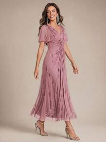 EVERPRETTY Elegant High Elasticity Comfortable Ruffle Tie-Knot Wrap Design Mid-Length Formal Evening Dress, Suitable For Wedding Guests, Brides, Mothers, Parties And Semi-Formal Occasions - Dusty Pink - View 5