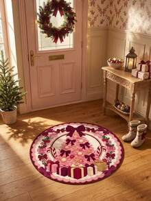 1pc Round Pink Bow Christmas Tree Pattern Area Rug, Cute Sweet Holiday Round Mat, Soft Skin-Friendly Fabric With Non-Slip Backing, Durable And Easy To Clean, Suitable For Living Room, Bedroom, Kids Room, Sunroom, Perfect For Christmas And Winter Holiday Home Decor - Multicolor - View 3