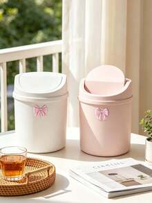 Cute Desktop Trash Can With Bow Decor,Mini Table Waste Bin,Portable Countertop Garbage Bucket,Flip Cover With Lid,For Bedroom,Dorm,Office,Makeup Desk,Countertop,Home Essentials,Unique Birthday Gift,Back-To-School Gift,Holidays Gift,Parties Gift - Multicolor - View 10