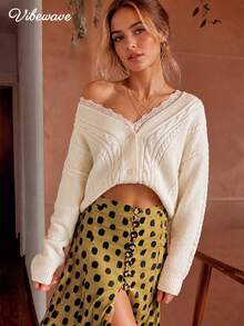VIBEWAVE Cream Cable Knit Short Cardigan, V-Neck Single-Breasted Drop Shoulder Loose Sweater, Vintage Sweet Style - Beige - View 2