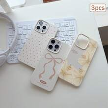 Set 3 Casing Ponsel Tekstur Leci Bunga Lily Anti-Slip Tahan Air Tahan Benturan, Penutup Pelindung Kulit Sintetis Putih Motif Bunga - MultiWarna - View 4