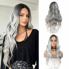 25 Inch Fluffy Long Wavy Synthetic Wig Black Grey Half Half Color Wig With Full Bangs Heat Resistant Wig For Women Daily Cosplay Party - Multicolor - View 14
