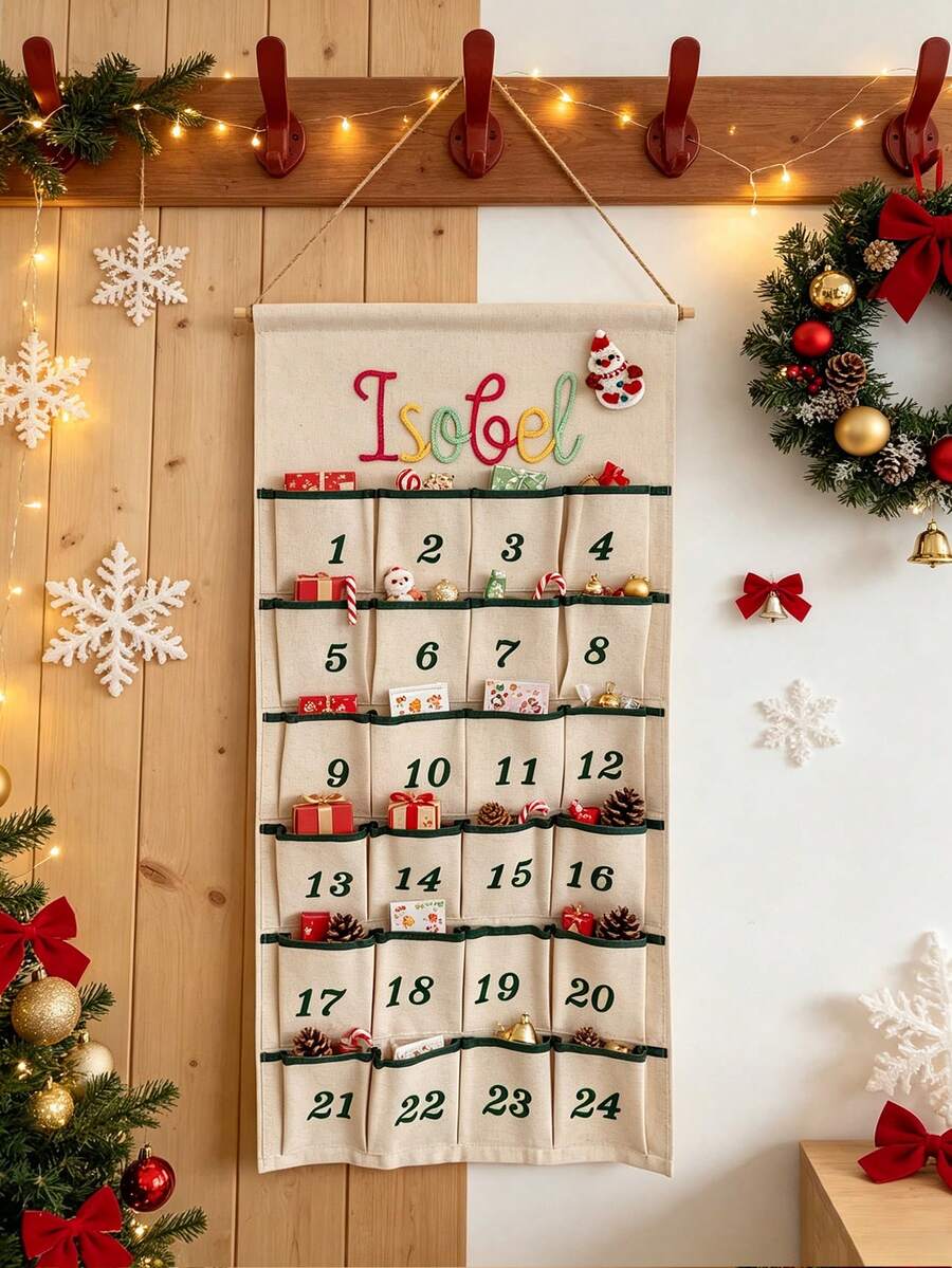 1 buah Kalender Advent Natal yang Dipersonalisasi, Gaya Nama Rajutan Buatan Tangan, Tas Penyimpanan Nama yang Dipersonalisasi untuk Dinding Kamar, Kantong Dinding Kain Serbaguna, Kalender Hitung Mundur Liburan, Penyimpanan Harian Rumah, Tas Gantung Dinding Nama yang Disesuaikan - MultiWarna - View 1