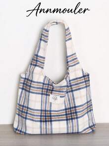 1pc Women's Patch Letter Printed Casual Tote Bag - Khaki - View 1