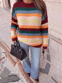 Just Masa Women's Fall Casual Multi-Striped Colorblock Sweater Pullover,Loose Long Sleeve Round Neck Rib-Knit Top,For Daily Wear,Going Out,Halloween - Colorful Stripes - View 10