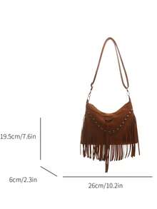 Dedoo Women's Shoulder Crossbody Bag,Crescent Underarm Bag,Suede Material,Rivet Fringe Detachable Strap,Portable Storage,For Vacation Girls Autumn Winter - Brown - View 4
