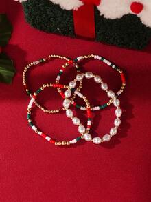 4pcs Exquisite Christmas Colorful Beads Faux Pearl Multi-Layer Elastic Bracelet Set Suitable For Women Daily Wear, Holiday Party, Christmas Gift - Multicolor - View 5