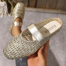 Women's Breathable Hollow Woven Metallic Square Toe Single Strap Low Heel Mule Shoes, French Vacation Style, Spring/Summer, Gold Faux Leather Mary Jane Slip-On Sandals - Gold - View 2