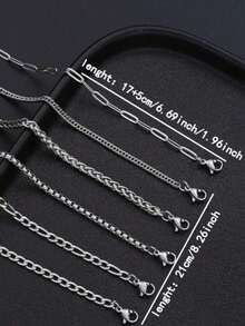 6pcs Minimalist Stainless Steel Chain Bracelet Set, Unisex Non-Fading Stackable Cuban Chain, Suitable For Daily Wear, Music Festival, Party, Vacation Outfit Accessory, Holiday Gift (Note Size: 20+5cm/7.87+1.97in) - Silver - View 6