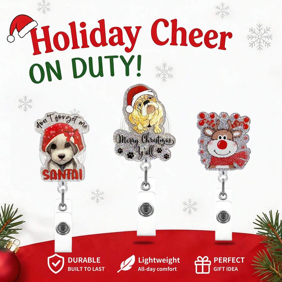 TONAVIETO 1pc Christmas Cute Dog Reindeer Badge Reel Acrylic Retractable Badge Holder Clip With Swivel Alligator Clip For Nurses And Medical Staff - Christmas Animals - View 1
