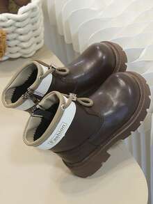1 Pair New Children's Thick Sole Ankle Boots, Smooth Leather Lace-Up Design With Contrast Color Collar And Side Zipper - Brown - View 6
