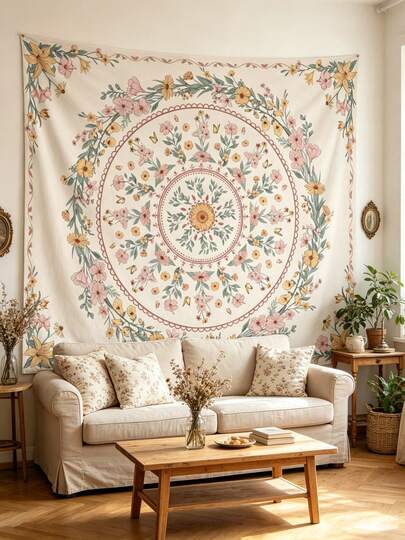 1 pieza Tapiz floral bohemio, colgante de pared, patrón de corona circular, tapiz de pared estilo bohemio, adecuado para la estética del dormitorio, adecuado para la decoración de sala de estar mandala de chicas adolescentes, aplicable para sala de estar, dormitorio, decoración de sala de yoga, fondo de boda, espacio de meditación (kit de instalación gratuito incluido)