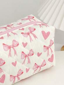 Tas Kosmetik Quilted Putih Krem dengan Pita Pink & Motif Hati, Tas Make Up Travel Kapasitas Besar - MultiWarna - View 5