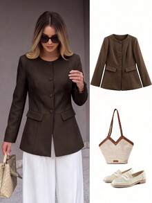 ACKCER Women's Fashionable Casual Round Neck Long Sleeve Button Front Jacket, Suitable For Spring, Summer And Autumn - Coffee Brown - View 1
