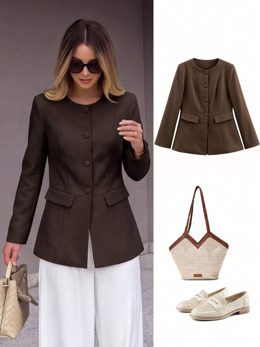 ACKCER Women's Fashionable Casual Round Neck Long Sleeve Button Front Jacket, Suitable For Spring, Summer And Autumn - Coffee Brown - View 1