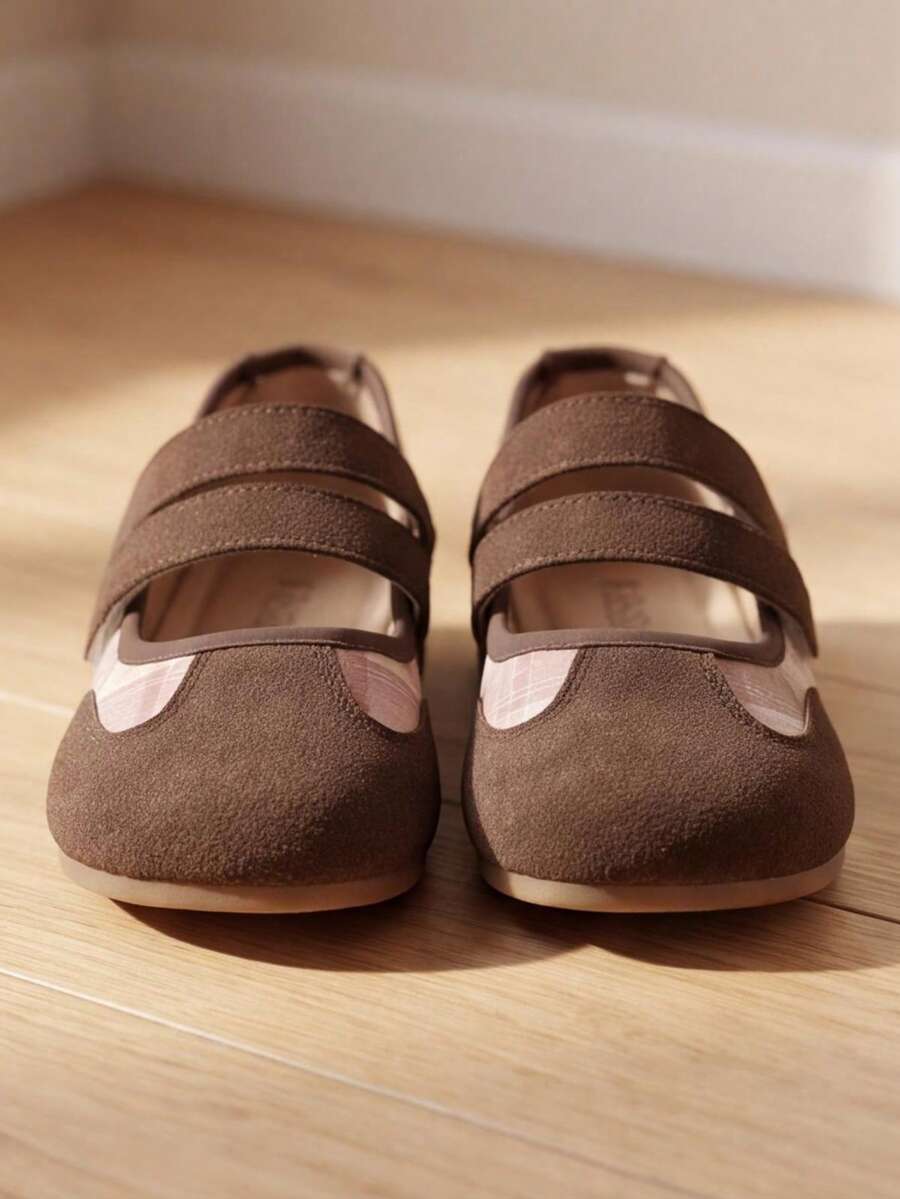 Baby Girls Mary Jane Flats, Brown Suede & Pink Plaid Patchwork, Double Hook And Loop Strap, Wide Round Toe Maillard Shoes - Brown - View 1