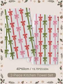 2pcs Christmas Red Green Pink Color Block Striped Bow Pattern Kitchen Towels, 40*60cm Soft Microfiber Tea Towels, Suitable For Home Kitchen Restaurant Outdoor Camping Tabletop Cleaning Dish Cloth Hand Towel Accessories, Christmas Theme Dining Kitchen Decor Fabric Wiping Towels, Holiday Gift Giving - Multicolor - View 10