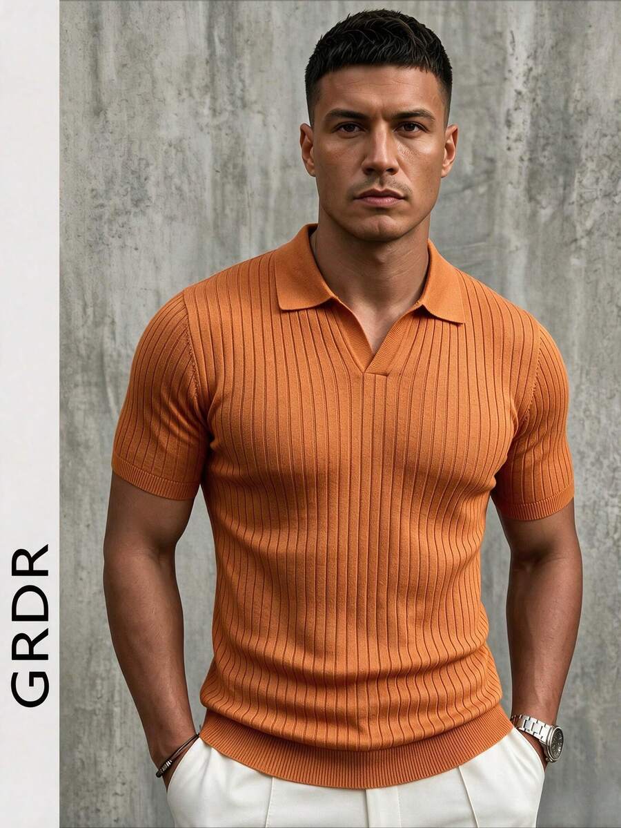 GRDR Men's Summer Knit Polo Shirt, Solid Color Short Sleeve Knitted Collar, Suitable For Summer Outings, Essential For Fashionable Outfit
