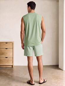 Voidago Setelan Pakaian Santai Kasual Pria Musim Panas: Atasan Leher Bulat dan Celana Pendek Bergaris dengan Tali Serut di Pinggang, Cocok untuk Sehari-hari - Mint Green - View 2