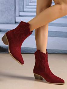 Autumn/Winter New Women's Outdoor Fashion Patchwork Embroidered Pointed Toe Western Boots Comfortable Chunky Heel Slip-On Short Ankle Boots - Burgundy - View 6