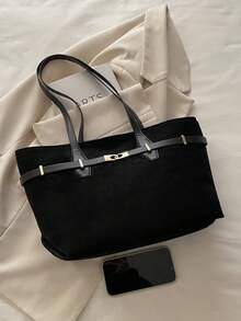 Retro Suede Large Capacity Belt Tote Bag For Women, Leopard Print Chic Personalized Casual Versatile Niche Shoulder Big Bag - Black - View 7