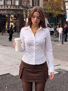 Y2K White Collared Long Sleeve ShirtFitted Curved Asymmetrical Hem TopMinimalist French StyleVersatile Fall Outfit For Back To School & Daily Layering - White - View 2