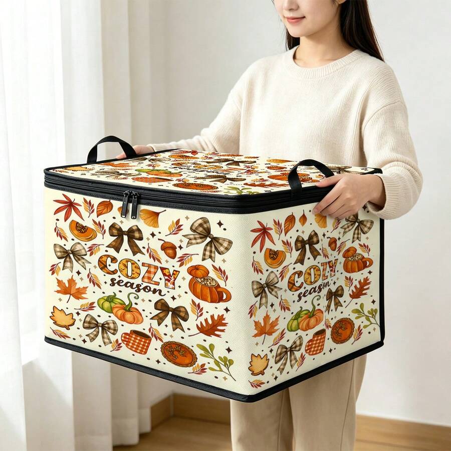 Multi-Size, Multi-Pattern Options, British Flag Cartoon Pickle Autumn Pumpkin School Bus Text Print Foldable Storage Box, Zippered Handheld Storage Bin, Upgraded Fabric Large Capacity Organizer, Suitable For Wardrobe, Dorm, Under Bed Storage, Organizing Clothes, Bedding, Toys, Miscellaneous Items, Home Moving Organization Storage Box