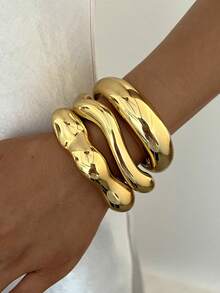 3pcs/Set Fashion Minimalist Elegant Exquisite Vintage Design Geometric Ribbon Wave Smooth Surface Minimalist Plain Band CCB Metal Style Exaggerated Wide Chunky Bangle Bracelet Set, Holiday Vacation Party Date Gift, Daily Commute Wear, Personalized - Yellow Gold - View 4