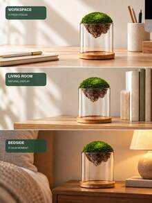 Creative Floating Mountain Landscape Glass Plant Terrarium, Dual-Use Moss Bonsai & Hydroponic Flower Vase, Bamboo Wood Base Collectible Display Ornament, Suitable For Photos, Stones, Shells And Other Small Items, Modern Home Desktop Decor, Multiple Sizes Available - A - View 7