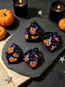 Halloween Pumpkin Print Bow Hair Clips, Witch Hat Pattern Ribbon Hair Barrettes, Cosplay Party Hair Accessories For Women - Multicolor - View 3