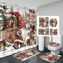 Set Dekorasi Kamar Mandi Motif Gnome Pengiriman Hadiah Multifungsi 1pc/4pcs, Tirai Kamar Mandi dengan 12 Kait Gratis, Keset Lantai Bentuk U dan Penutup Dudukan Toilet Bulat Premium untuk Suasana Liburan, Cocok untuk Semua Dekorasi Ruangan - Kurcaci Pengantar Hadiah - View 8