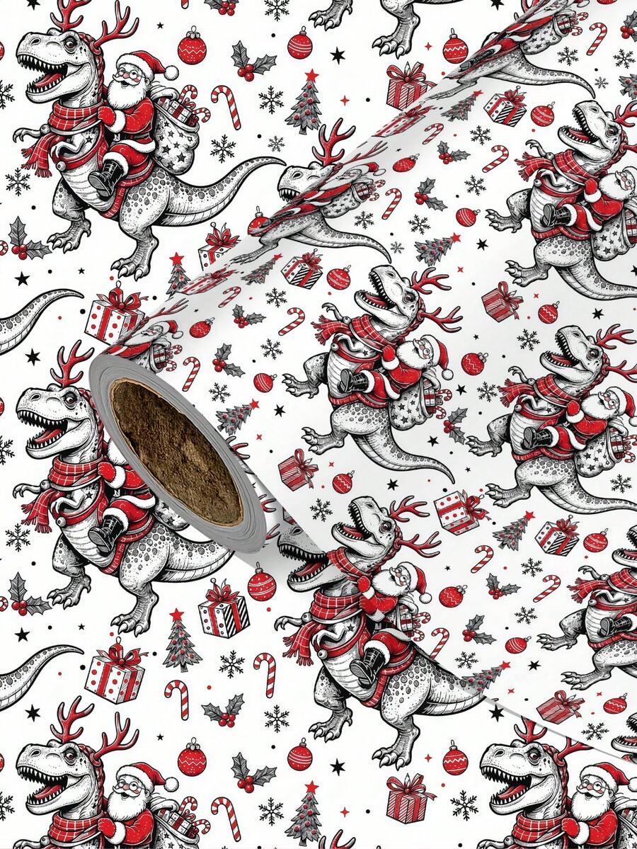 1 Roll Christmas Gift Wrapping Paper, Santa Claus Riding Dinosaur Pattern, Perfect For Wrapping Christmas Gifts, Decorating Christmas Parties And Holiday Gifting, DIY Crafts, Holiday Gift Wrapping, 1 Roll Size: 43cm X 300cm - A - View 1