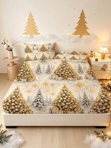 1PC Gold Christmas Tree Print Fitted Sheet (Fitted Sheet Only, No Pillowcase), Soft Bedroom Bedding, Suitable For Bedroom, Guest Room, School Dormitory, Easy To Remove And Machine Washable All Season Mattress Protector, Perfect Christmas Gift For Parents And Friends - Multicolor - View 1