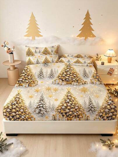 1 Stück Gold Weihnachtsbaum Muster Spannbetttuch (Nur Spannbetttuch, kein Kissenbezug), weiche Schlafzimmer Bettwäsche, geeignet für Schlafzimmer, Gästezimmer, Schulwohnheim, leicht abnehmbar und maschinenwaschbar Ganzjahres Matratzenschutz, perfektes Weihnachtsgeschenk für Eltern und Freunde