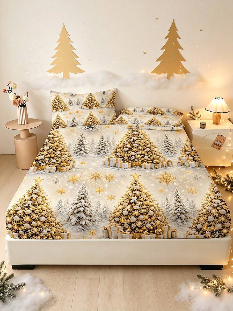 1PC Gold Christmas Tree Print Fitted Sheet (Fitted Sheet Only, No Pillowcase), Soft Bedroom Bedding, Suitable For Bedroom, Guest Room, School Dormitory, Easy To Remove And Machine Washable All Season Mattress Protector, Perfect Christmas Gift For Parents And Friends - Multicolor - View 1