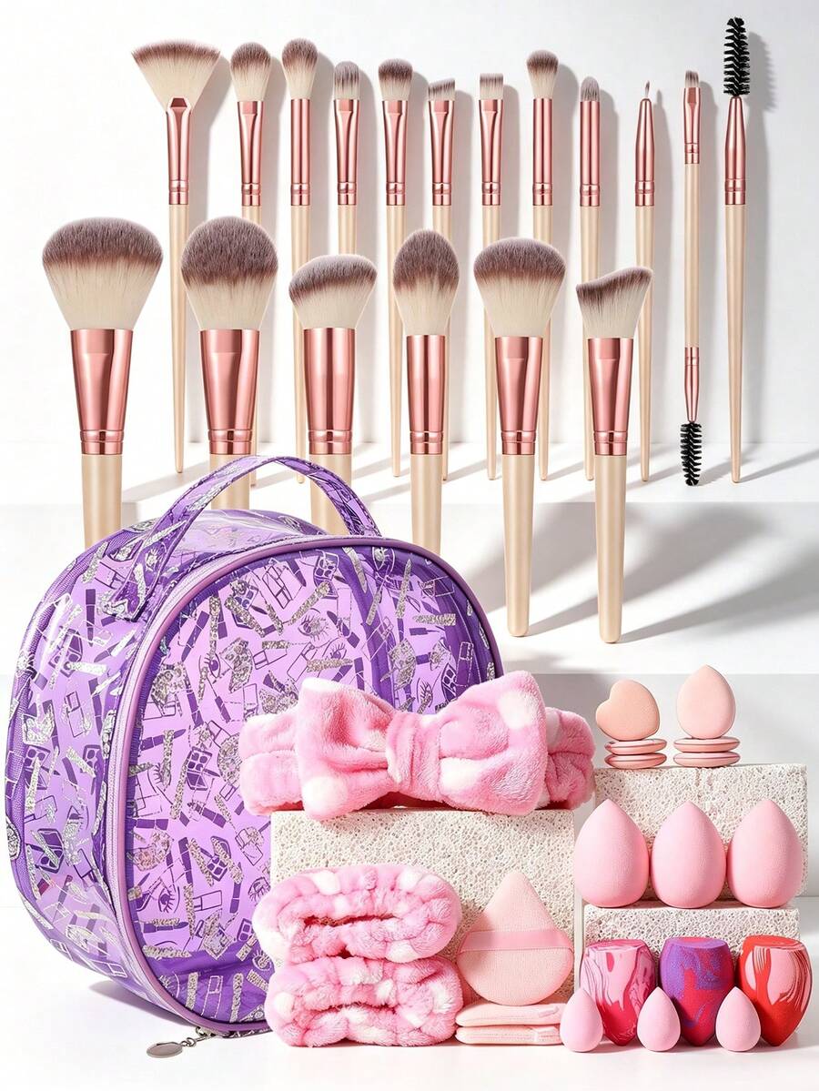 1/18/40PCS All-In-One Makeup Tools Set Cosmetic Brushes Multi Shape Pink Beauty Sponges Velvet Powder Puffs Plush Bow Hairband Wristbands Purple Graffiti Round Makeup Bag Full Face Daily & Travel Makeup Kit - Multicolor - View 1