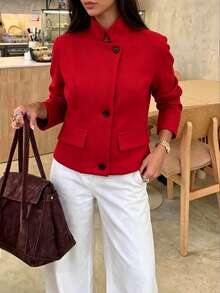 Fashion Women's Short Jacket, Stand Collar Long Sleeve Woven Fabric, Suitable For Autumn Wear - Red - View 1