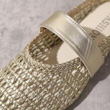 Women's Breathable Hollow Woven Metallic Square Toe Single Strap Low Heel Mule Shoes, French Vacation Style, Spring/Summer, Gold Faux Leather Mary Jane Slip-On Sandals - Gold - View 3