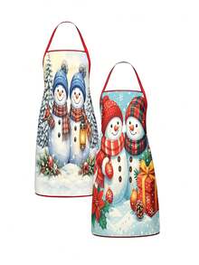 2Pcs Christmas Snowman Couple Kitchen Apron, Plaid Scarf Gift Box Snowflake Printed Adjustable Cooking Apron, Xmas Holiday Kitchen Decor Christmas Gift - Multicolor - View 1