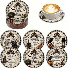 Halloween Wooden Round Coasters, Vintage American Style Lettering Slogan Pattern Heat Insulation Pads, Suitable For Home Kitchen Dining Table Party, Winter Holiday, Protect Desktop Decor, Halloween Decoration Gift - Coaster LDX2769 - View 3