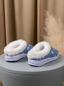 Girls Cute Playful Light Blue Snowman Print Plush Slippers, Thermal Lining Style, Suitable For Home Leisure Autumn/Winter Wear - Dusty Blue - View 4