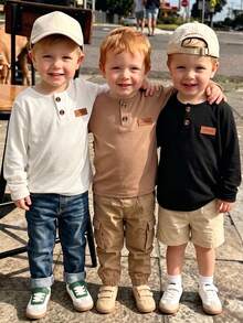 3pcs/Set Boys' Casual Fashion Solid Color Round Neck Button Long Sleeve Knit Tops For Daily Wear And Outings, Spring/Autumn - Multicolor - View 1