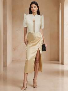 Modern Filipino Style Minimalist Elegant Stand Collar Blouse, Small Stand Collar, Structured Sleeve Design - Apricot - View 3