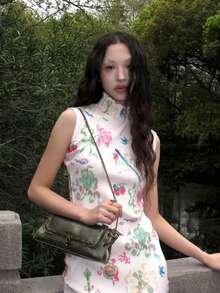 高級復古時尚極簡純色斜挎單肩包 多功能港風復古優雅拍照手提包 - 墨綠色 - 查看 6